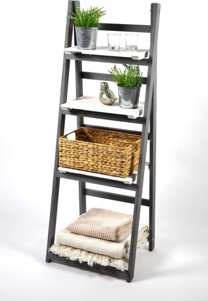 Kobolo Regal Leiterregal im Used Look - WHITE GREY - 4 Böden - Weiß-Grau