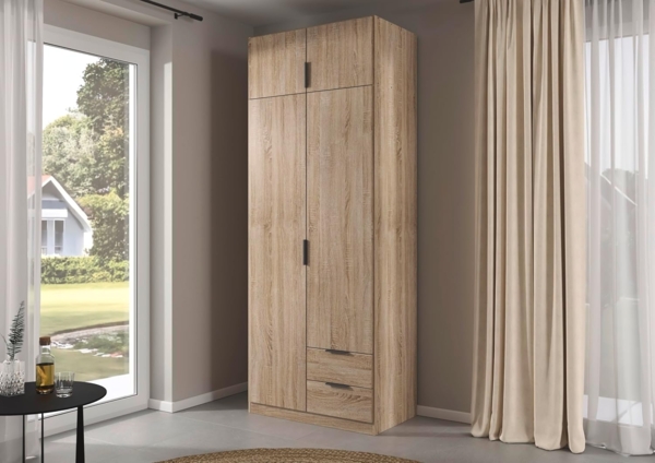 Rauch Möbel Lagoa, Kleiderschrank, Garderobe für Schlafzimmer, Kinderzimmer, Jugendzimmer 4-türig, 2 Schubladen, Farbe Eiche Sonoma, Holz, Breite 91 Bild 2