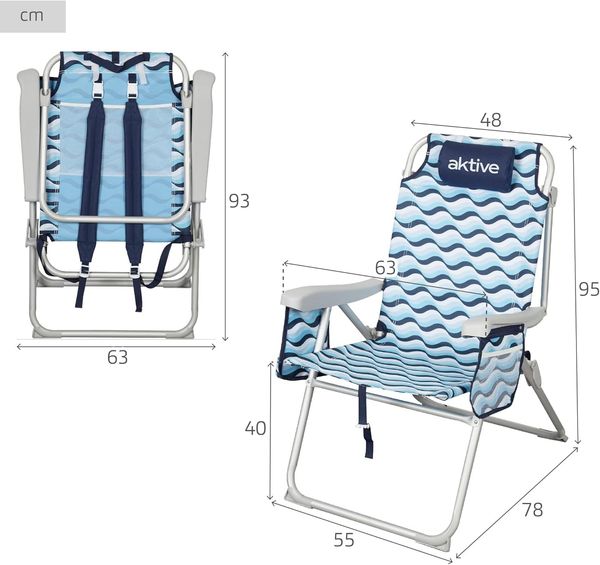 AKTIVE Strandstuhl, klappbar, 64 x 63 x 43/105 cm, Aluminium und Polyester, 5 Positionen, mit Rucksackgriffen, Armlehnen und Seitentaschen, Kippschutz, robust und leicht, Modell Aruba (62416) Bild 3