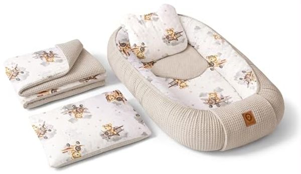 Babynest Nestchen Baby Set für Neugeborene – 5-teilig – Kuschelnest aus 100% Baumwolle & Waffelpique – Babykokon tragbar – für Babybett, Kinderbett & Kinderwagen – OEKO-TEX - Flugzeuge und Sand