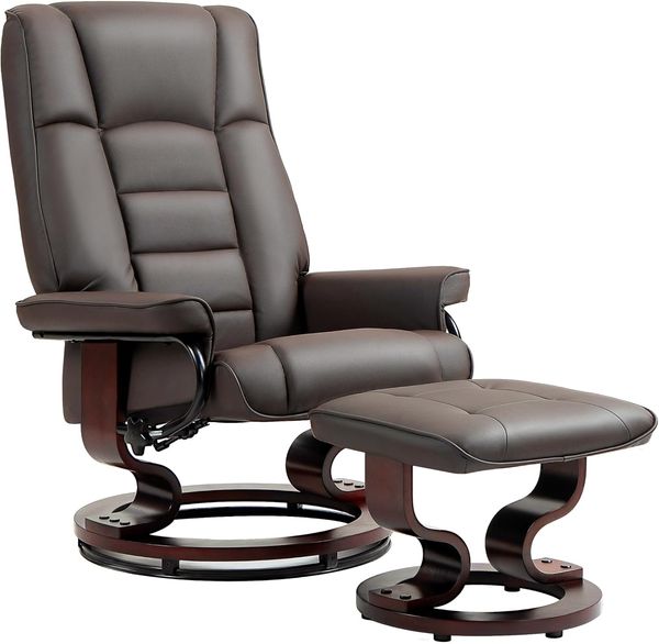 HOMCOM Polsterstuhl mit Hocker (TV-Sessel mit Holzrahmen, 2 St), bis 150 kg Belatbar, für Wohnzimmer, Kunstleder, Braun