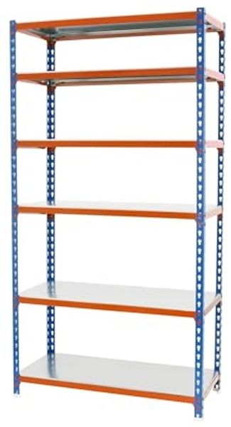 Simon Rack Schwerlastregal, 2500 x 1200 x 500 mm, Bis 200 kg Belastbar, 6 Verstellbare Ablagen, Kellerregal, Lagerregal, Blau/Orange/Verzinkt - Simonclick