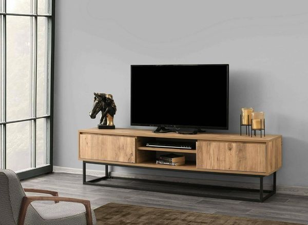 Dmora - Fernsehschrank Themis, Ständer für Wohnzimmerfernseher, Niedriges Wohnzimmer-Sideboard, TV-Ständerbasis, 180x40h50 cm, Schwarz und Eiche