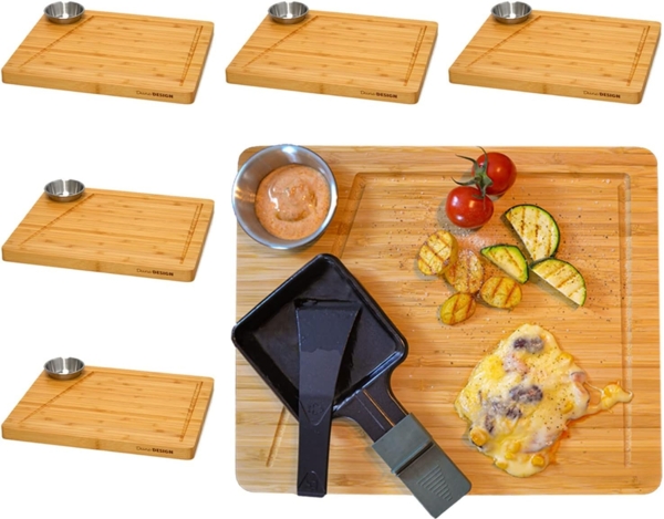 DuneDesign Schneidebrett 6 Personen Raclette Teller Set 30x25 cm Raclette, Holz, Brettchen Pfännchen Untersetzer