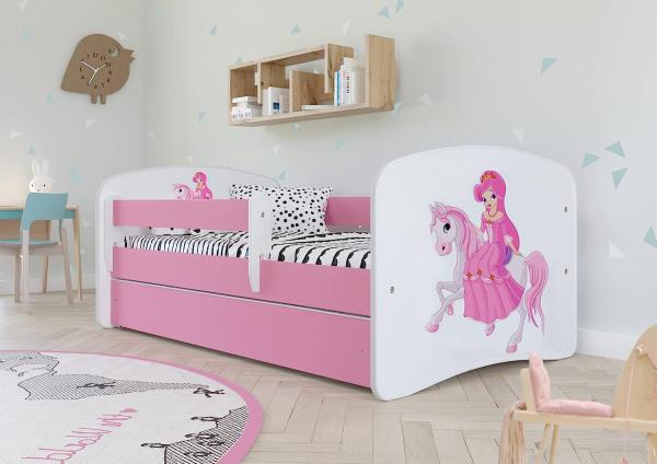 Kocot Kids 'Prinzessin auf dem Pony' Einzelbett pink/weiß 80x180 cm inkl. Rausfallschutz, Matratze, Schublade und Lattenrost