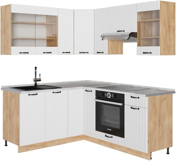 Eckküche Fame-Line Weiß Landhaus 190 x 60 cm , AP Marmor Vicco