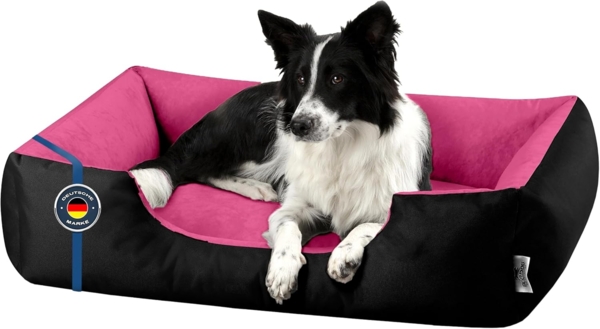 BedDog Hundebett LUPI, Hundesofa aus Cordura, Microfaser-Velours, waschbares Hundebett mit Rand, Hundekissen vier-eckig (L) ca. 80x65x18cm, BLACK-PASSION (schwarz/pink)