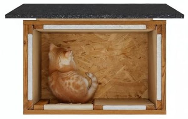 QLS Katzenhaus Isoliert aus Holz 60x40x40 cm, Outdoor Draußen Winterfest mit Vorhang, Teak Bild 6