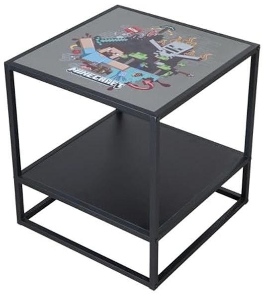 MINECRAFT - Beistelltisch mit einer zusätzlichen Ablage, Nachttisch, Gaming Möbel mit dunklem Design und bunten Minecraft Print