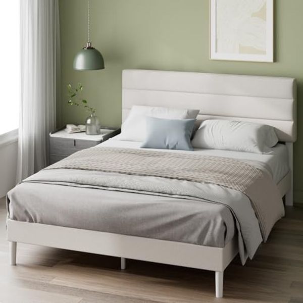 Zinus Piper Upholstered Platform Bed, 160x200 cm, horizontal, Paneled Headboard, Wooden Slat Support, Easy Assembly, Off White