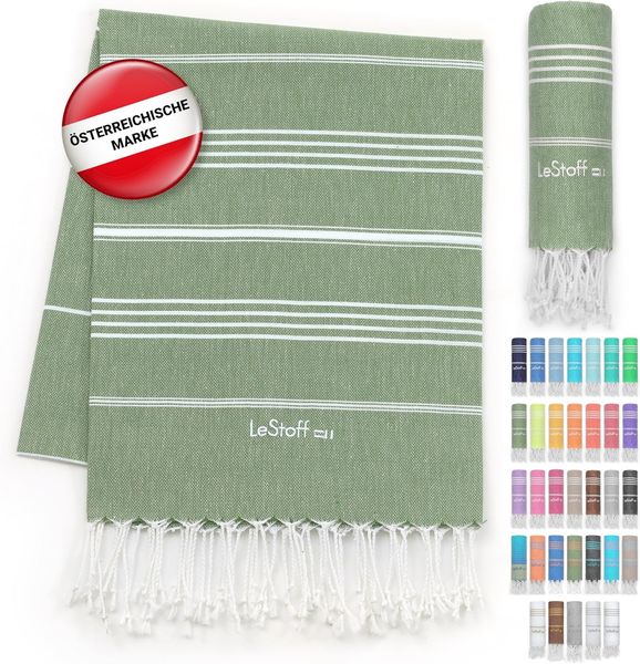 LeStoff das traditionelle Hamamtuch Strandtuch Badetuch Saunatuch Duschtuch Spa Sport Yoga Reisen 100% Bio-Baumwolle. Nachhaltig, natürlich, weich und vorgewaschen. (95x180 cm, Olive)