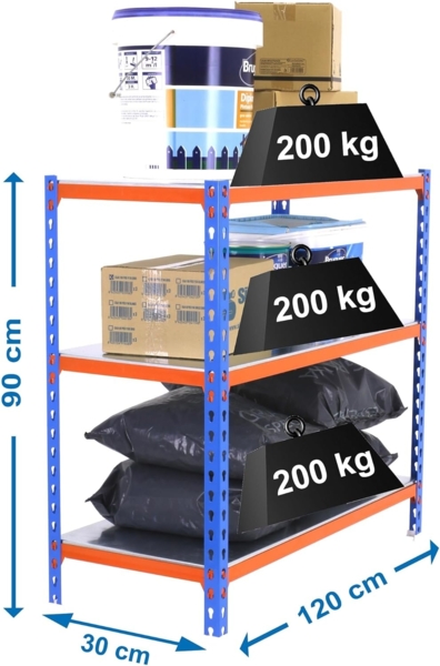 Simon Rack Schwerlastregal, 900 x 1200 x 300 mm, Bis 200 kg Belastbar, 3 Verstellbare Ablagen, Kellerregal, Lagerregal, Blau/Orange/Verzinkt - Simonclick Bild 2