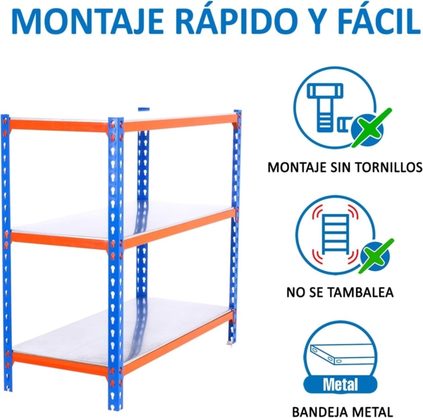 Simon Rack Schwerlastregal, 900 x 1200 x 300 mm, Bis 200 kg Belastbar, 3 Verstellbare Ablagen, Kellerregal, Lagerregal, Blau/Orange/Verzinkt - Simonclick Bild 5