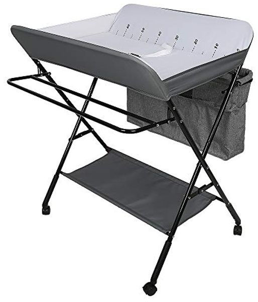 Wickeltisch Faltbare Kommode Mobile Kommode mit Wickelauflage, Sicherheitsgurt und Ablagefächern (C,80 * 63 * 93-99cm/Off-Weiß)