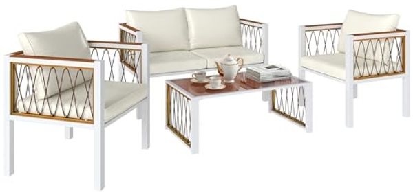 Outsunny Sitzgruppe mit Zweisitzer, 2 Sessel, Glastisch, Kissen, rutschfesten Matte, (Lounge-Set, 4-tlg, Gartenmöbel Set), für Garten Balkon Cremeweiß