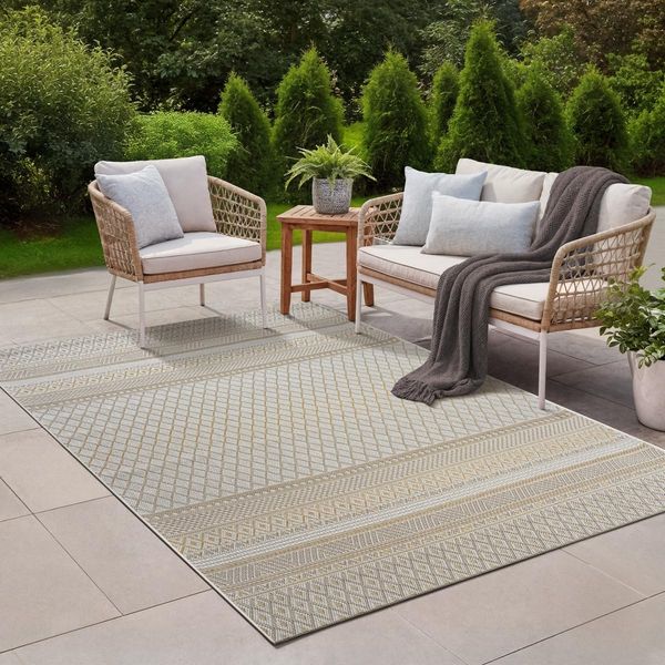 the carpet Calgary - robuster Outdoor Teppich, Flachgewebe, modernes Design, ideal für Küche und Esszimmer, Vintage-Optik, Boho-Style, auch für den Außenbereich, Beige Gelb, 160x220 cm