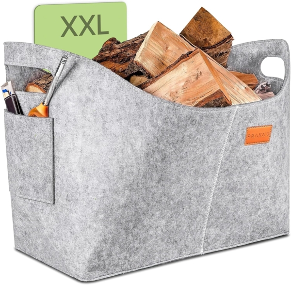 Praknu Kaminholzkorb Kaminholztasche aus Filz groß - Kaminkorb Mit Seitentasche (1 St), Brennholztasche aus Recyceltem Filz - Robust und Vielseitig Verwendbar