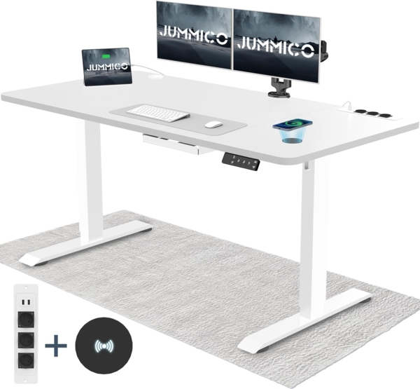 JUMMICO Höhenverstellbarer Schreibtisch mit Kabelloser Ladestation und Euro-Steckdose mit USB, 140x70 cm Schreibtisch Höhenverstellbar Elektrisch Stehtisch mit Rollen, Weiß