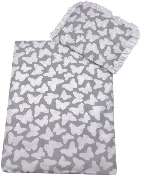 2 tlg. Set Bezug in 70x50 cm für Kinderwagen, Wiege und Stubenwagen Kinderbettwäsche Garnitur Bettwäsche *Deckenbezug + Kissenbezug* (Schmetterling grau)