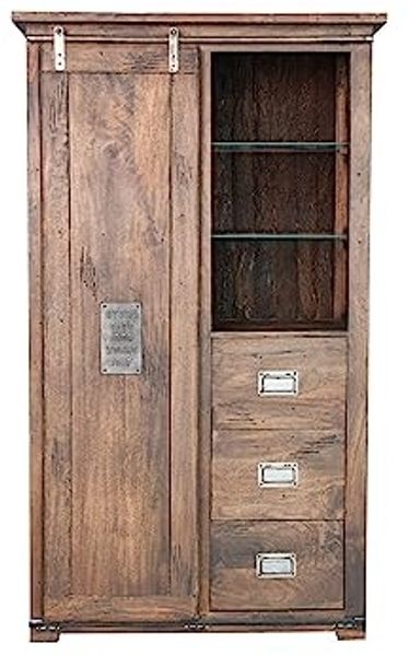 Woodroom Highboard Pali (Mango massiv gewachst dunkelbraun lackiert 100x175x45 cm, 3 Schubladen, 1 Rolltür), Highboard, Wohnzimmerschrank