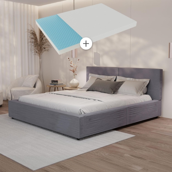 Juskys Polsterbett Salerno mit Matratze 180 x 200 cm – Cord Grau, modernes Bett mit Kopf- & Fußteil, stabilem Holz- & Metallrahmen, Lattenrost, 500 kg Tragkraft