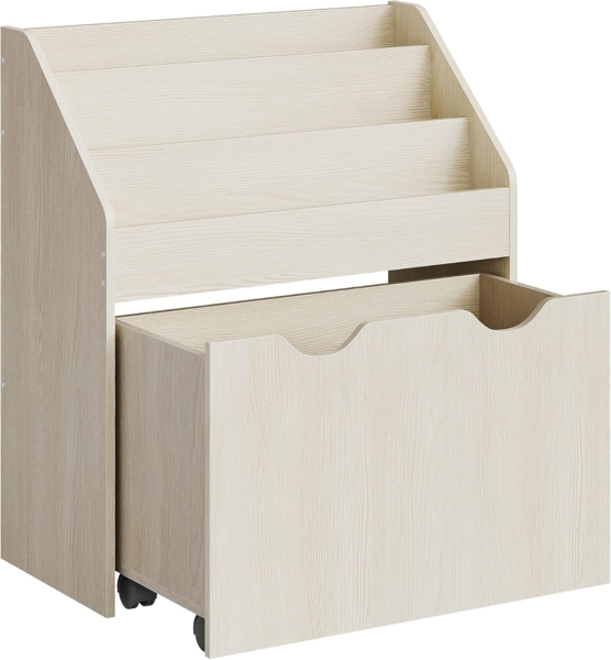 Songmics Bücherregal für Kinder, mit 3 Regalebenen und Aufbewahrungsbox auf Rollen, MDF Haferflockenbeige, 29,5 x 62,5 x 70 cm