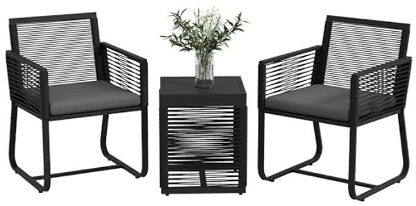 Outsunny Gartenlounge-Set Rattan Gartenmöbel-Set, Sitzgruppe mit 2 Gartenstühle, Beistelltisch, (Sitzgarnitur, 3-tlg, Gartengarnitur), mit Tischplatte aus Hartglas, Kissen, für Balkon, Schwarz