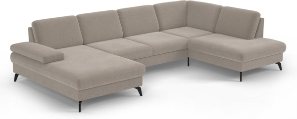 Cavadore Wohnlandschaft Moritz / Sofalandschaft mit Longchair im trendigen Design, Sitztiefenverstellung und mattschwarzen Metallfüßen / 335 x 82 x 212 / Flachgewebe, Beige