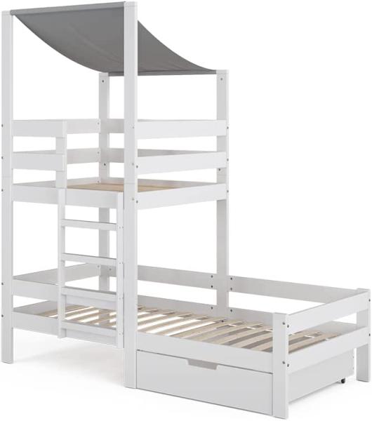 VitaliSpa Spielturmbett Kinderbett Spielbett Tom Weiß modern 204x218 cm Massivholz Kinderzimmer Lattenrost Bettleiter Bett Schublade Abenteuerbett Kletterbett