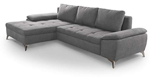 CAVADORE Ecksofa Lina / Moderne Eckcouch mit Longchair und Steppung im Sitz / 270 x 85 x 163 / Flachgewebe: Hellgrau