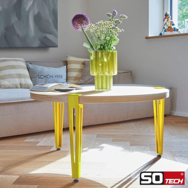 SO-TECH® Tischbein ColorLine in F-Form konisch zulaufend von 70 auf 40 mm, mit Klemmschraube (ohne Bohren) - gelb - Höhe 464 mm - 4x Bild 3