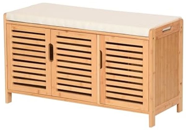AD. CON Schuhbank Schuhbank aus Bambus mit Schrank und Sitzkissen Sitzbank Schuhregal