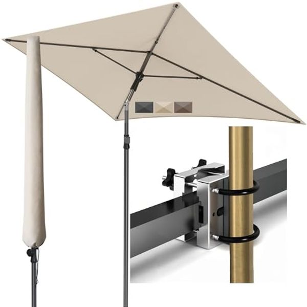 Menz Sonnenschirm Balkon - 3-IN-1 Sonnenschutz Balkon SET in Beige, UPF 50+ Sonnenschirm rechteckig 200x125 cm + Metall Sonnenschirmhalter Balkongeländer + Sonnenschirmhülle