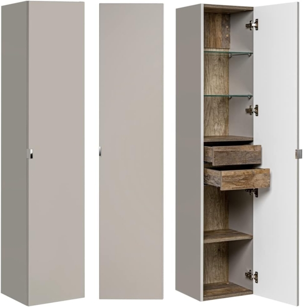 Badmöbel Hochschrank PUEBLA-56-TAUPE in taupe mit Vintage Oak Eiche, 1 Tür, B/H/T: 35/160/33 cm