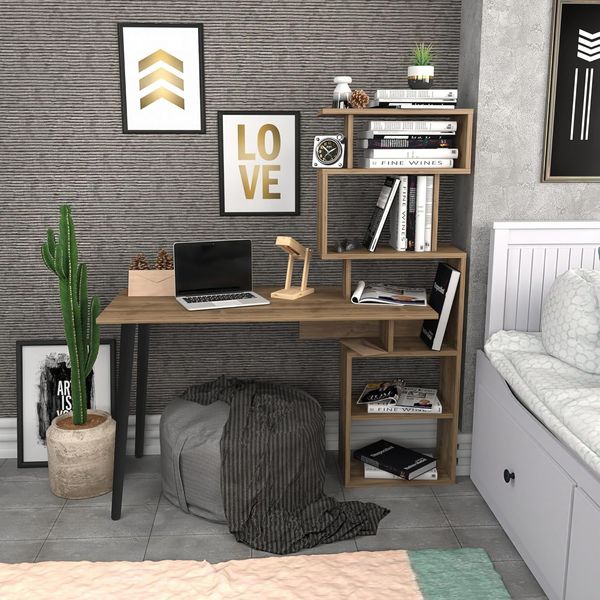 Modern Study Desk, Walnut Color, 133 x 55 x 146.4 cm | 100% Melamine Coated Particle Board, 18 mm Thickness | Stylish & Functional for Home Office
