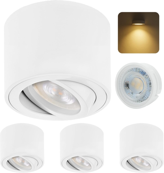 Sweet LED LED Aufbaustrahler flach 4er Set 5 W 230 V Aufbauspots rund weiß matt Aluminium, LED wechselbar, Warmweiß, LED Deckenlampe, Deckenspot, Deckenstrahler, schwenkbar