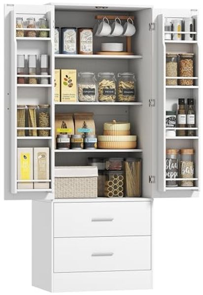 HOMCOM Küchenbuffet verstellbare Regale, 2 Schublade (Hochschrank, 1-St, Buffetschrank) für Küche, Esszimmer, Weiß