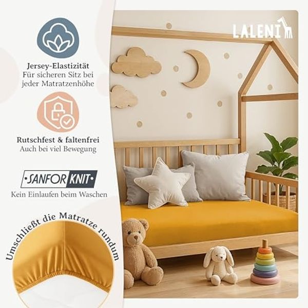 Laleni Basic Spannbettlaken für Beistellbett 50x89 cm - Oeko-Tex Zertifiziert, 100% Baumwolle, atmungsaktives Spannbetttuch Jersey Baby, 135 g/m², Spicy Mustard - Gelb Bild 4