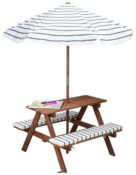 Spetebo Kindersitzgruppe Picknicktisch aus Holz ab 2 Jahren mit Sonnenschirm und Sitzpolster, (Paket, 1-tlg, 75 x 75 x 50 cm), Abgerundete Außenkanten für mehr Sicherheit