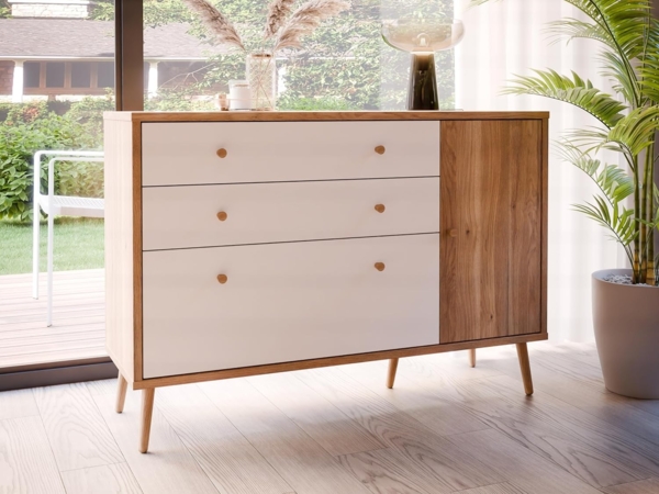 Forte Harllson, einfache Montage Dank EasyKlix Kommode Holzdekor: Mauvella Eiche mit Weiß, 120 130, Sideboard, 2 Schubladen 2 Türen, Mid Century, 125 cm breit x 86 cm hoch x 41 cm tief