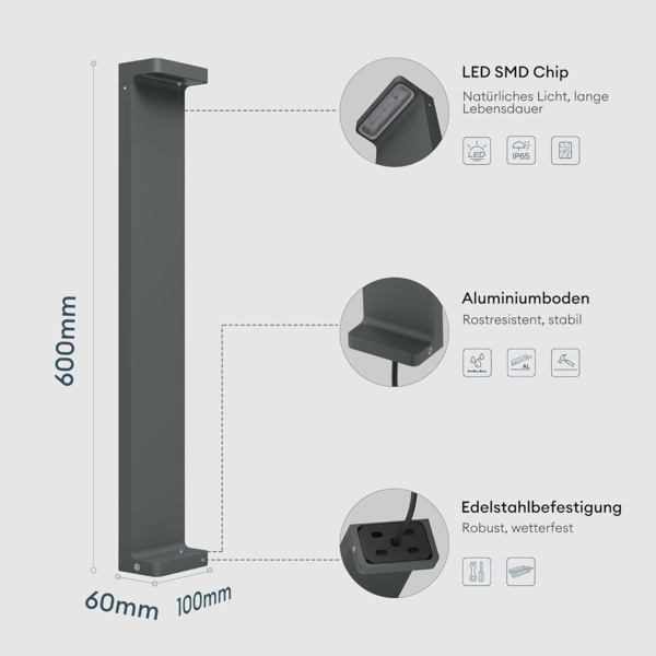 Mai & Mai LED Außen-Stehlampe LED Wegeleuchte IP65 Standleuchte für Außen 6W 3000K Gartenlampe Bild 6