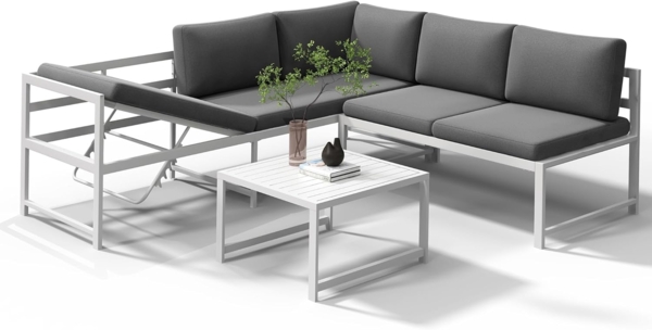 Sitzgruppe Weiß Aluminium Lounge Ecksofa mit Liegefunktion wetterfest Garten Tisch Outdoor-Möbel