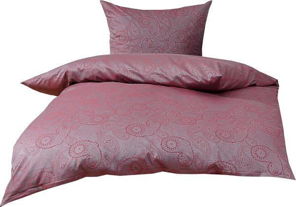 Bettwaesche-mit-Stil Mako-Satin Damast Paisley Bettwäsche "Davos" rot - grau Garnitur 140x200 + 70x90