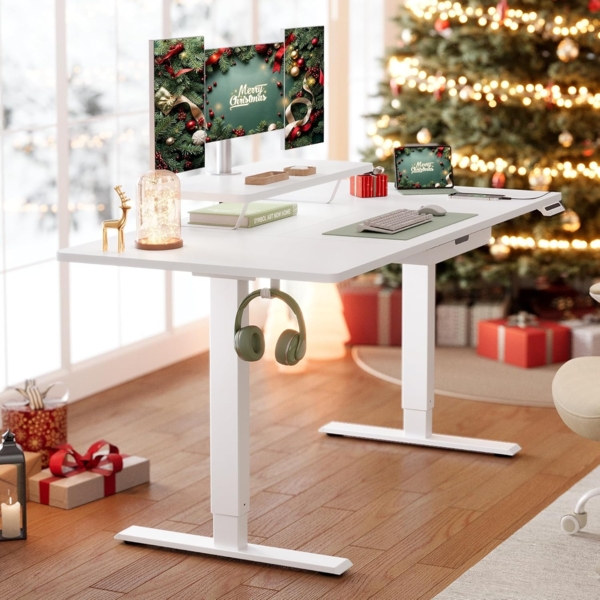 VASAGLE Höhenverstellbarer Schreibtisch, 140x70 cm, flexibel montierbarer Monitorständer, Schublade, USB-C-Anschluss, Erinnerung bei langem Sitzen, für Büro, wolkenweiß LSD154WB01