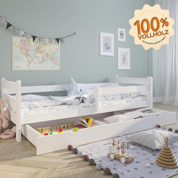 Kids Collective Kinderbett weiß 80x160 90x200 Jugendbett mit Schublade Rausfallschutz, Bettkasten aus 100% massivem Kiefernholz 90x200 cm