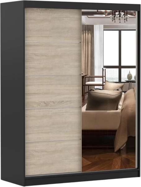 Schiebetürenschrank, eleganter Kleiderschrank Schrank Garderobe Spiegel Vista 05, Schlafzimmer- Wohnzimmerschrank Schiebetüren Modern Design (Schwarz/Sonoma)