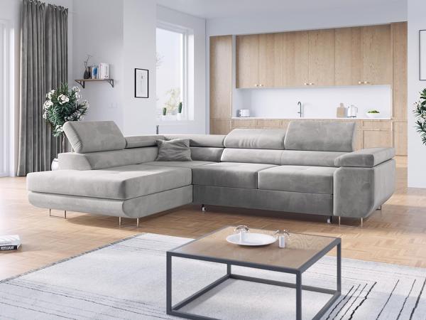 Ecksofa L-Form Couch mit Schlaffunktion und Verstellbare Kopfstützen - GUSTAW - Hellgrau Velours - Links