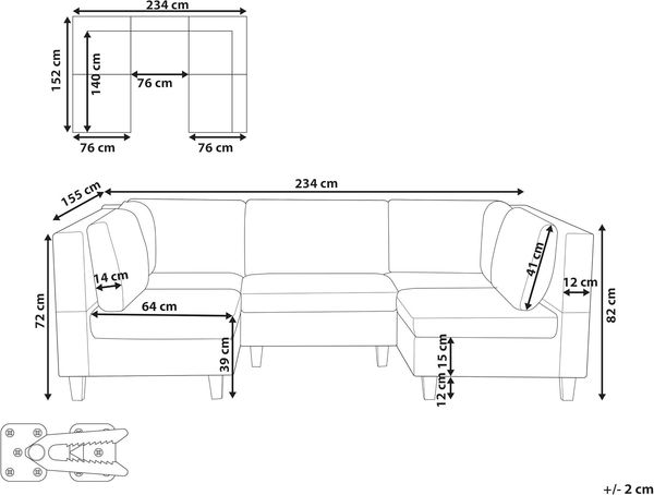Beliani 'Unstad' Sofa, Grün, Leinenoptik, 72 x 76 x 228 cm, ohne Ottomane, U-Form Bild 3
