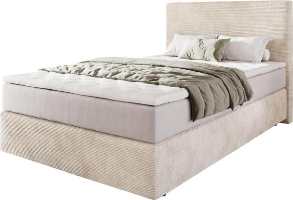 Boxspringbett Dream-Well 120x200 cm Cord Beige mit Taschenfederkernmatratze und Topper Visco