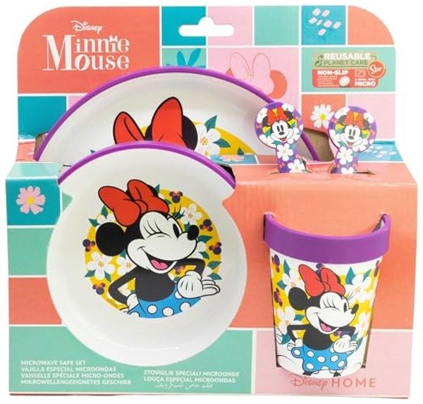 Disney Minnie Mouse Kindergeschirr Set 5-teilig Rutschfestes Ess-Set mit Teller, Schüssel, Becher & Besteck